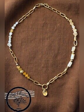 Nature's Citrine In Free Form Assymetrical Design With Paperclip Necklace
